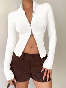Aloruh Women's Casual Turtleneck Ribbed White Zip-Up Long Sleeve Sweater Cardigan, Suitable For Everyday Wear And Sports, Autumn/Winter - White - View 7