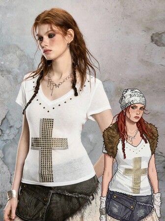 ROMWE Avant Maglietta aderente da donna con scollo a V profondo, trasparente, con grafica a croce, in stile Y2K