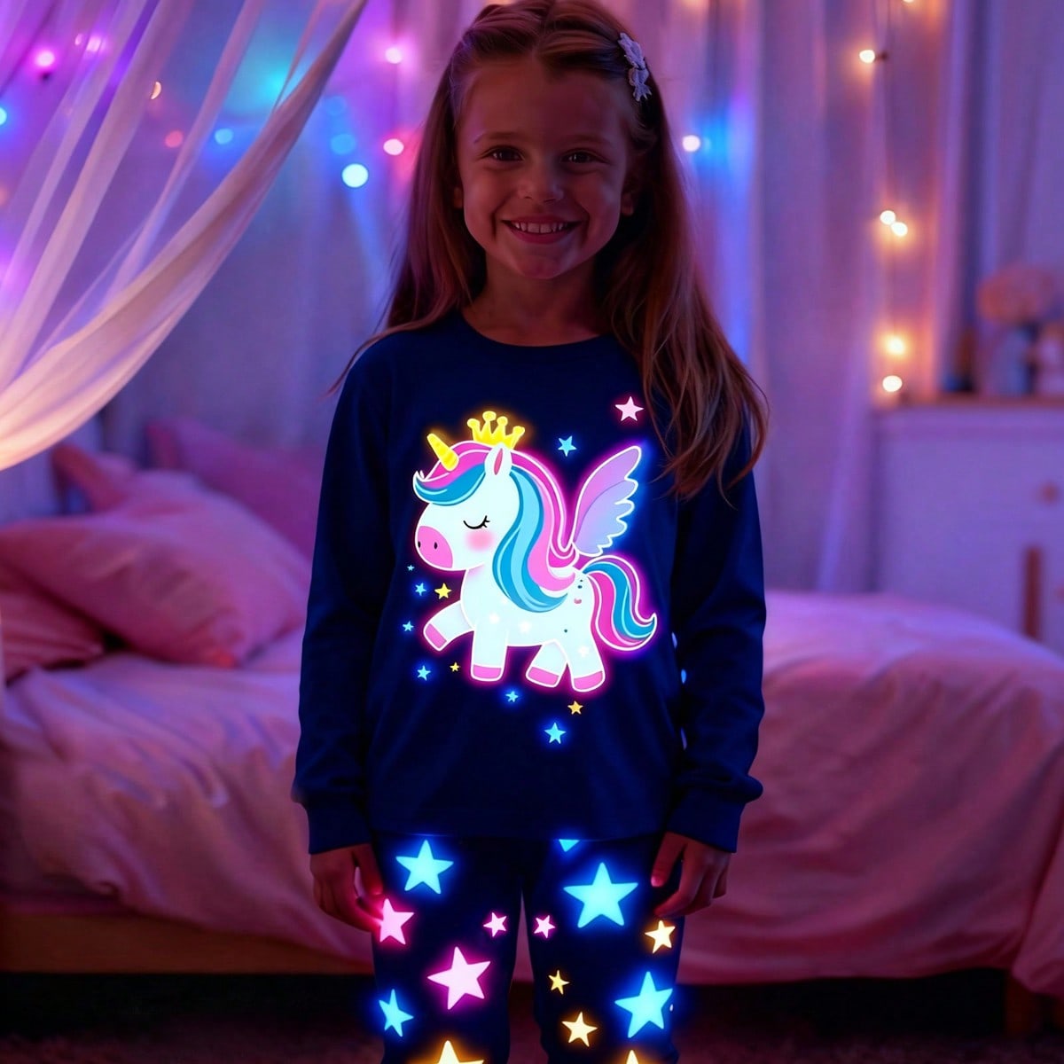 Set Pijama de niña con estampado de unicornio que brilla en la oscuridad, con top de cuello redondo de manga larga y leggings