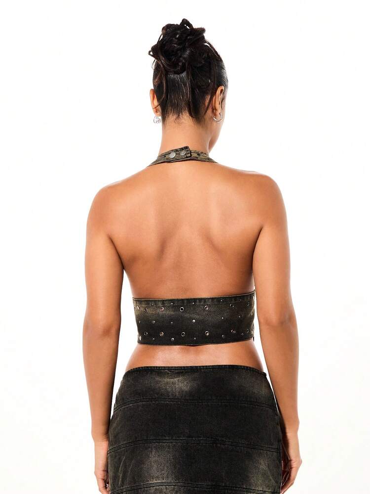 SUMWON WOMEN Studded Denim Halter Top With Belt