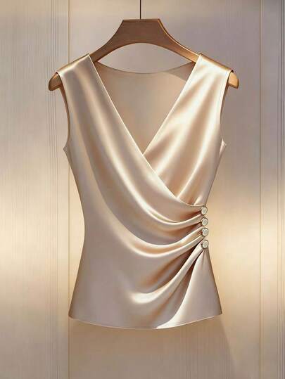 Franclia Women's Simple Commuter V-Neck Pleated Trim Button Decoration Shirt