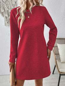 EMERY ROSE Plus Size Women Crew Neck Long Sleeve Casual Dress, Autumn/Winter - Red - View 6