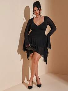 SHEIN BAE Đầm dài tay xuyên thấu dáng suông bất đối xứng, cỡ lớn, thích hợp cho mùa xuân/hè, thanh lịch, thích hợp cho các buổi hẹn hò và đi chơi. - màu đen - Xem 3