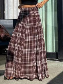 Livesso Loose Casual Vacation Fashion Brown Plaid Contrast Color Block Bohemian Street School Style High Waist Women Skirt, Spring/Summer - Brown - View 5