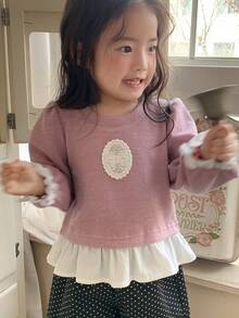 DAZY 女童韩版圆领休闲撞色长袖卫衣 - 粉色 - 查看 4