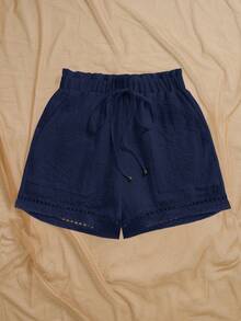 EMERY ROSE Quần short nữ cỡ lớn mùa hè 2025 với viền bèo nhún, dây rút và túi hai bên. - Xanh đậm - Xem 3