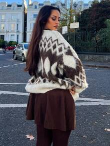 NegzBox Cardigan casual e ampio da donna in maglia spessa con motivo geometrico colorblock, adatto per l'autunno e l'inverno, per l'ufficio, il Capodanno e il Natale - Castano - Visualizzare 2