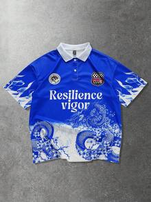 ROMWE MEN Anime 男士休闲运动风足球龙印花 Polo 衫 - 藍色 - 查看 1