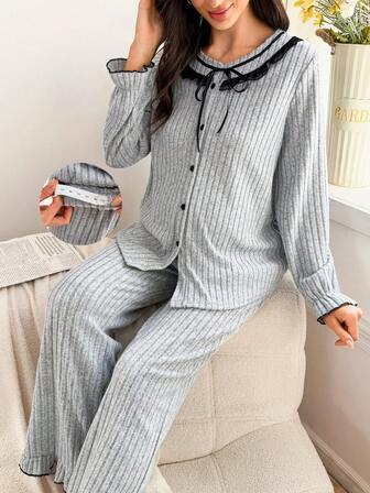 Moonlight & Mama 两件套孕妇蕾丝边圆领开衫和裤子睡衣套装