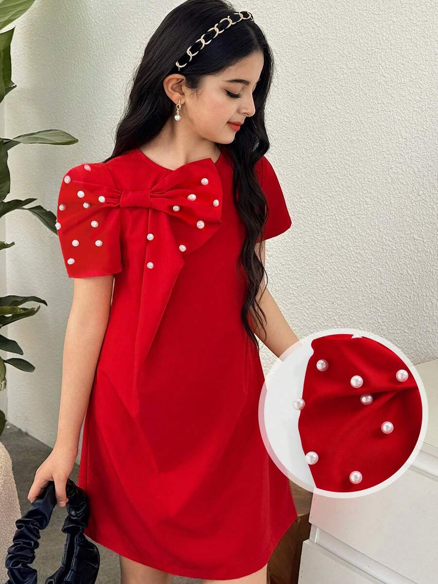 SHEIN Tween Girls' Red Woven Gigot Puff Sleeve Dress With Bow,Pearl & Rhinestone Decor,Elegant For Party,Summer Short Sleeve Red Dresses For Tweens - Red - View 1