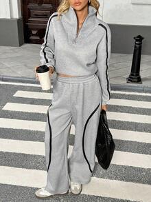 Modelyn Women's Fashionable Floral & Striped Curved Paneled Fleece Sweatpants Set, Casual Sportswear For Autumn/Winter - Grey - View 4