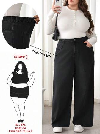 SHEIN CURVE+ Plusstorlek Casual Mångsidiga Pendling Jeans med Vida Ben Svarta Vinter Vår Jul Nyår Thanksgiving Pendling Semester Examen Chic Y2k Söt Streetwear Fest Bröllop Elegant Business Casual Kvinna Bekväma Plusstorlekar med Vida Ben i Svarta med Resår i Midjan Casual Passform För Heldagsbruk Kurvvänliga Plusstorlekar med Vida Ben Jeans Baggy Jeans Bekväma Vardagsbyxor