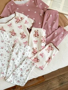 SHEIN LMoss Kids 6件套女婴可爱卡通熊和花卉印花荷叶边圆领短袖上衣和裤子休闲舒适针织睡衣套装 - 彩色 - 查看 4