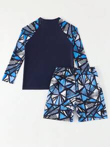 SHEIN Bộ đồ bơi chống nắng cho bé trai - Bộ đồ bơi tay ngắn cho trẻ em 8-12 tuổi, thích hợp cho hoạt động lướt sóng. - Màu xanh lam - Xem 3