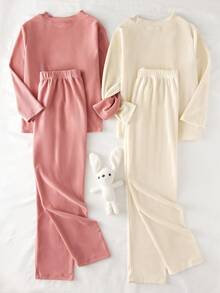 2pcs Girls' Beige & Lotus Pink Plush Checkered Basic Sleepwear Set, Long Sleeve Top & Pants, Autumn/Winter - Multicolor - View 2
