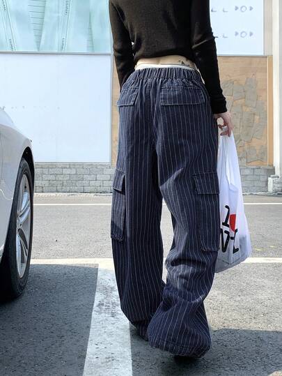 DAZY Women's Striped Street Style Cargo Pocket Casual Korean Wide Leg Sporty Jeans