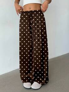 Aloruh 女士低腰休闲复古百搭棕色美拉德印花复古波点针织长裤，复古波点长裤，棕色长裤，复古，秋季衣橱；简约，时尚；舒适，别致。