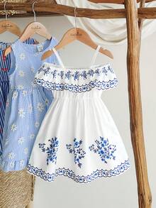 SHEIN Vintaside Kids 女婴吊带露肩墨西哥风情时尚连衣裙，适合夏季旅行、度假或日常休闲穿着 - 藍白色 - 查看 4