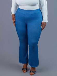 CurvyTilda Quần jeans ống loe rộng, màu trơn, cạp chun co giãn, chất liệu dệt kim, dáng casual, phù hợp với dáng người đồng hồ cát. - Màu xanh lam - Xem 9