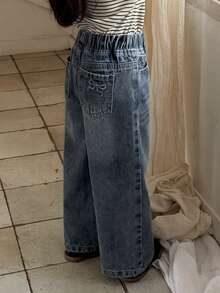 DAZY 年轻女孩休闲水洗蝴蝶刺绣牛仔裤 - 藍色 - 查看 6