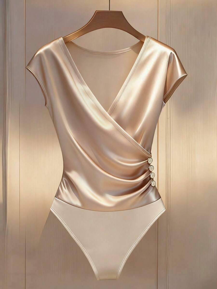 Franclia Mono elegante de mujer con cuello en V cruzado, con volantes y ajustado - Albaricoque - Ver 1