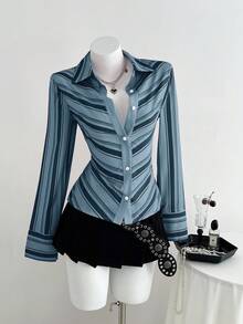 Elamini 女士衬衫，粉色，日常穿着，通勤，返校季，条纹与数码印花，法式修身剪裁，适合职场、休闲、优雅、复古风格 - 藍色 - 查看 3