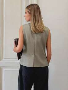 Ontre 2026春夏新款女士优雅纯色无袖纽扣休闲商务度假轻薄西装背心，适合独立日、海滩、办公室、毕业典礼等场合。 - 軍綠色 - 查看 2