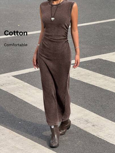 Muchica Brown Knitted Retro Distressed Acid-Washed Sleeveless Dress For Women