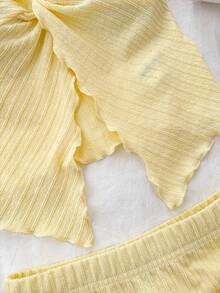Tween Girls' Cute Yellow Asymmetric Hem Tank Top And Skirt 2 Pieces Set,Soft Summer Colour Palette Summer Vacation Ribbed Bow Knot Tied Details Outfit - Yellow - View 6