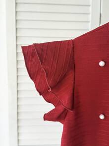 SHEIN Tween Girls' Spring/Summer Casual Beaded Elegant Ruffle Trim Woven Textured Round Neck Blouse, Red Ruffle Sleeve Top Girls Red Teen Girl Shirt Red Blouse For Kids Red Top Kids Little Girl Red Top - Red - View 3