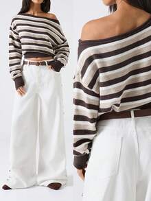 LYSMO 2025 New Minimalist Winter For Women's Casual Striped Asymmetric Shoulder Cropped Long Sleeve Sweater , Christmas Jumper New Year Thanksgiving For Women Graduation Season Stylish Collection Y2K, Sweaters For Women - Multicolor - View 1