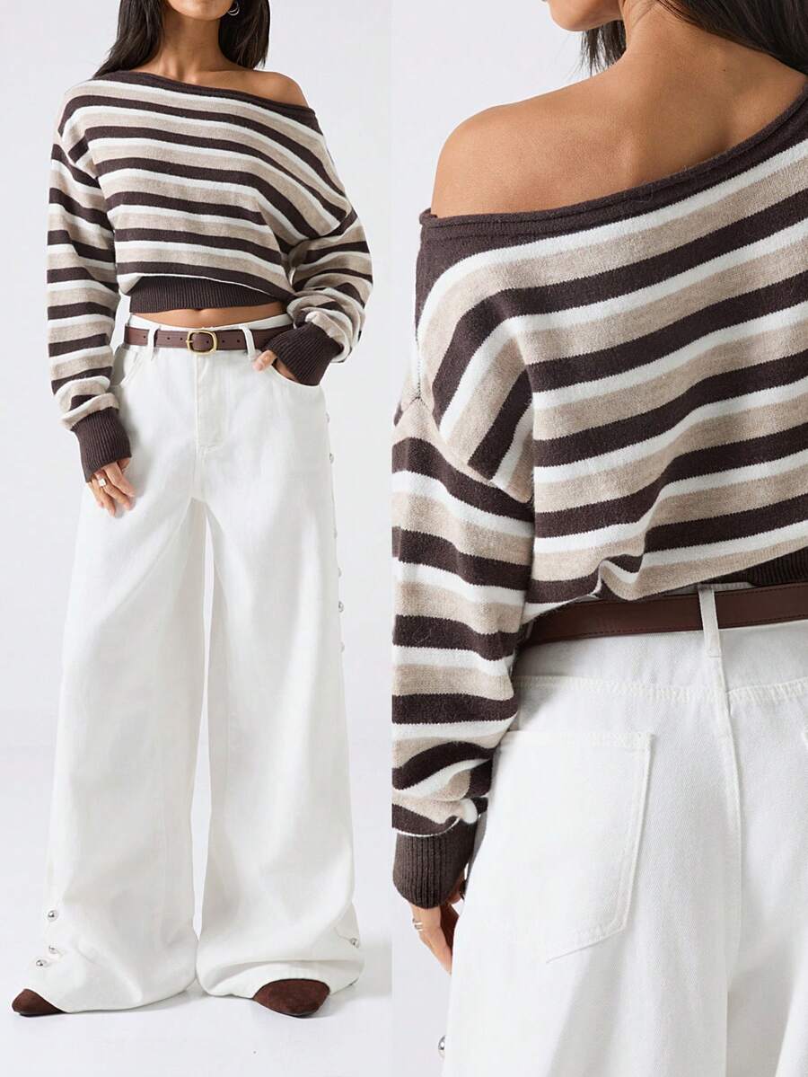 LYSMO 2025 New Minimalist Winter For Women's Casual Striped Asymmetric Shoulder Cropped Long Sleeve Sweater , Christmas Jumper New Year Thanksgiving For Women Graduation Season Stylish Collection Y2K, Sweaters For Women - Multicolor - View 1