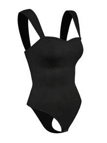 SHEIN 1 pièce Combinaison moulante minimaliste de tous les jours pour femmes, de couleur unie, galbant la taille et l'abdomen, avec un entre-jambes confortable à boutons-pression, facile à enfiler et à retirer - Noir - Voir 2