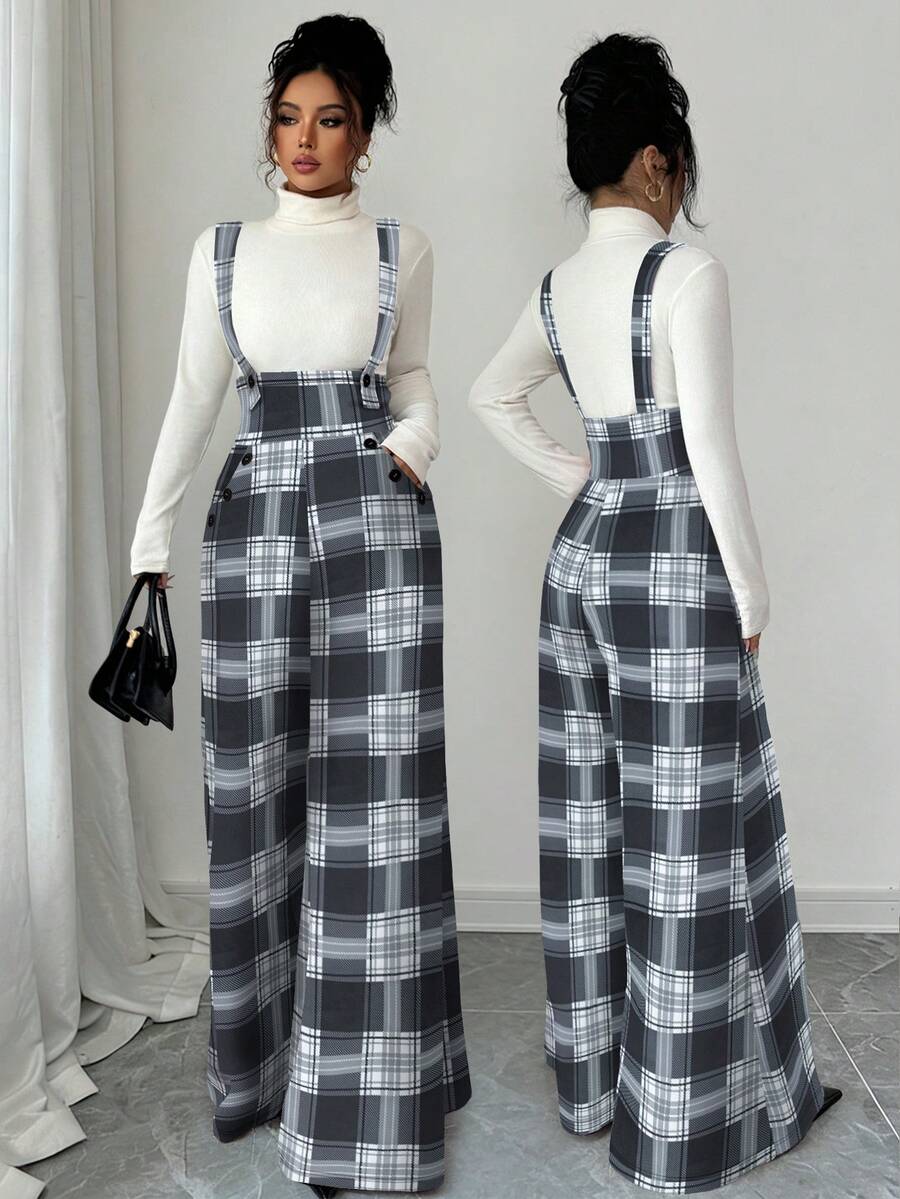 Elenzga 女士格子口袋时尚百搭度假连体裤，带背带 - 黑色 - 查看 1
