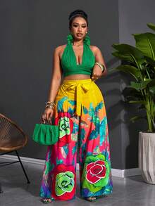 Slaydiva 大码女式假日打结腰印花宽松阔腿休闲裤，适合圣诞节/新年、感恩节、海滩度假、性感女装、假日休闲街头风 - 彩色 - 查看 6