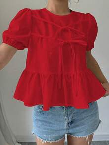 Elenzga Women's Summer Red Solid Color Round Neck Bubble Short Sleeve Bowknot Blouse, Peplum Top