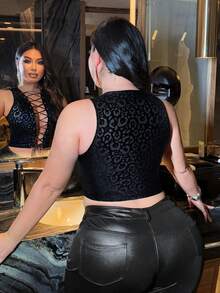 NU&NOW 大码女式豹纹镂空系带性感露脐背心 - 黑色 - 查看 5