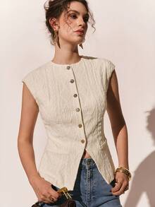 Poéselle Áo vest nữ dệt kim có họa tiết, cài cúc phía trước, không tay – Kiểu áo corset ôm sát lấy cảm hứng từ phong cách cổ điển, thích hợp để phối đồ nhiều lớp và tạo phong cách mùa hè. Áo kiểu có cấu trúc, cài cúc phía trước, kiểu corset, áo dệt kim ôm sát, màu trơn, không tay cài cúc phía trước, thích hợp cho mùa hè. - Màu be - Xem 4