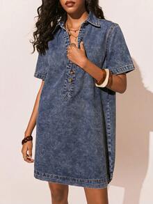 Poéselle Women's Denim Dress, Casual Washed Denim Short-Sleeved Dress, Loose Over-The-Knee Dress, Pullover Half-Front Dress, Blue Dress, Casual Vacation Summer Outfit, Spring Break Outfit, Women's Vacation Outfit, Vacation Dress, Women's Casual Dress. - Medium Wash - View 6