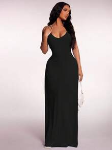 Radiana 女士性感优雅飘逸A字黑色吊带连衣裙，露背长裙，适合海岛度假、海滩、约会、派对，舒适休闲居家/日常穿着。 - 黑色 - 查看 3