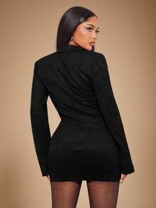 Radiana 春夏性感复古优雅黑色修身麂皮西装套装（带垫肩） - 长袖收腰西装外套 + 低腰修身迷你裙两件套 - 黑色 - 查看 4