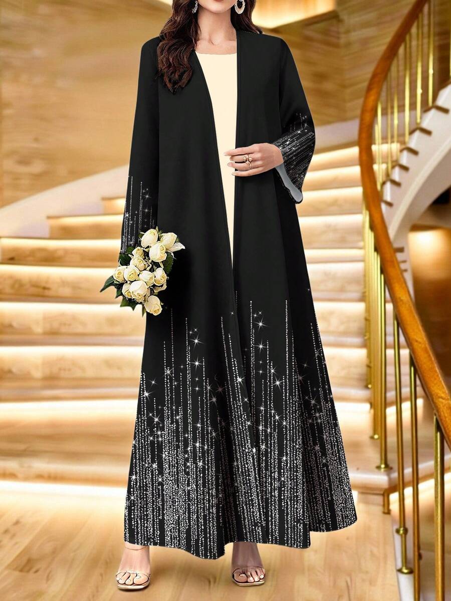 SHEIN Najma Women's Shiny Textured Striped Pattern Digital Print Casual Open Front Long Sleeve Cardigan, Spring/Autumn Abayas - Multicolor - View 1