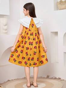 SHEIN Tween Girl Golden Yellow Rose Floral Print Patchwork Ruffle Collar Sleeveless A-Line Dress,Summer Elegant Party Girls Matching Outfits Sisters Style - Yellow - View 7