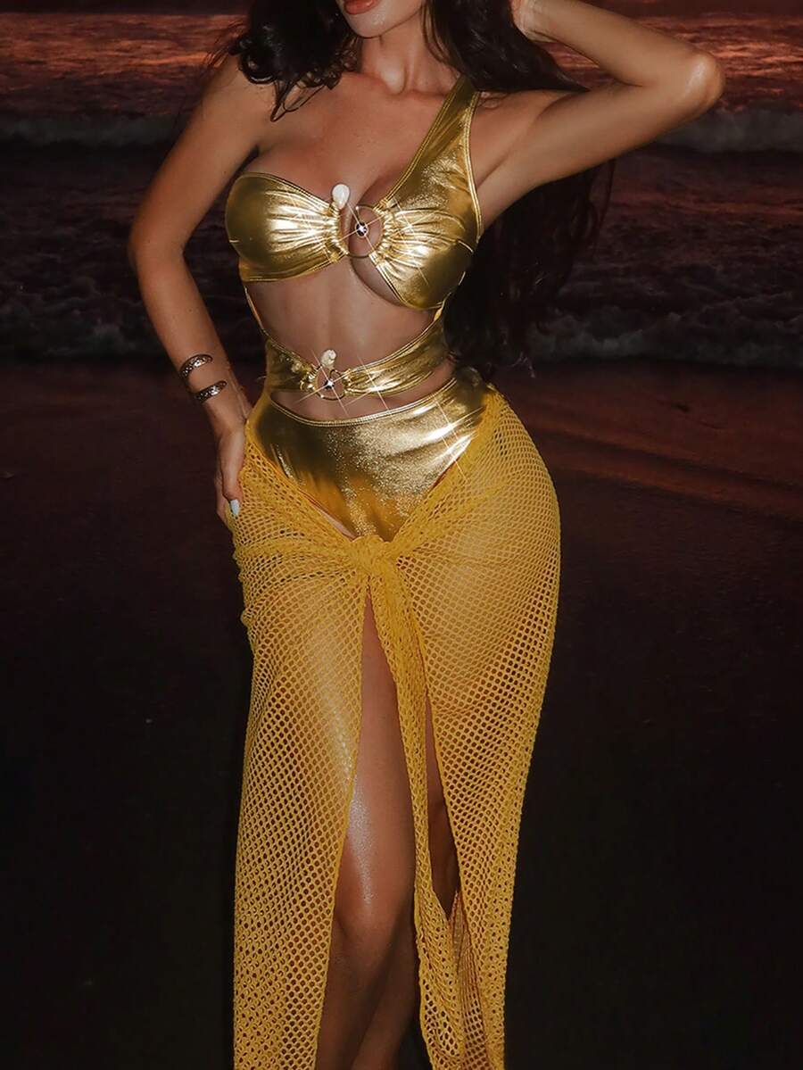 SHEIN Swim SXY 2件套女士新款连体泳衣，带闪亮镂空网纱裙摆，春夏泳装套装 - 金色 - 查看 1