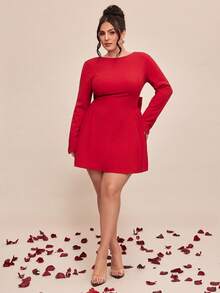 SHEIN BAE Đầm cỡ lớn xinh xắn với nơ đỏ, thích hợp cho ngày Valentine mùa xuân/hè. - Đỏ - Xem 3