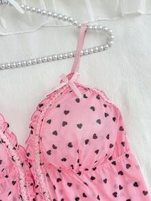 2pcs Plus Size Sweet & Sexy Front Button Floral Print Ruffled Lingerie Set - Pink - View 5