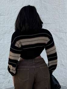 Alexandranx Women Crew Neck Long Sleeve Stripe Simple Short Casual Pullover Sweater,Long Sleeve Tops Knit Pullover Fall Winter Outfit - Black - View 2