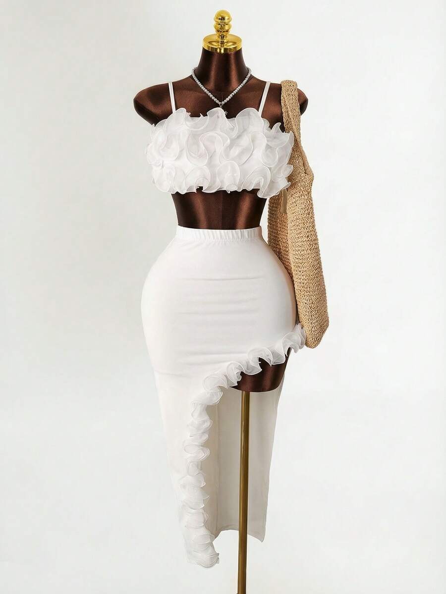 Mistrie Summer White 70's Holiday Party Disco Vacation Two Pieces Set,Fish Silk Thread 3D Flower Decoration Camisole Top&Split Long Skirt For ,Holiday - White - View 1