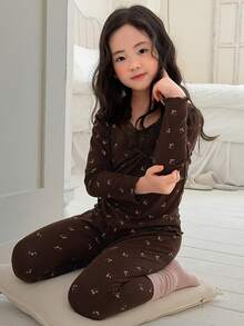 DAZY 女童碎花上衣和裤子睡衣套装 - 棕色 - 查看 2