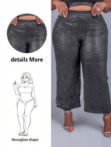 CurvyTilda Plus Size Women Solid Color Elastic Waist Wide Leg Loose Sequin Pants, For Hourglass Body Shape - Black - View 10